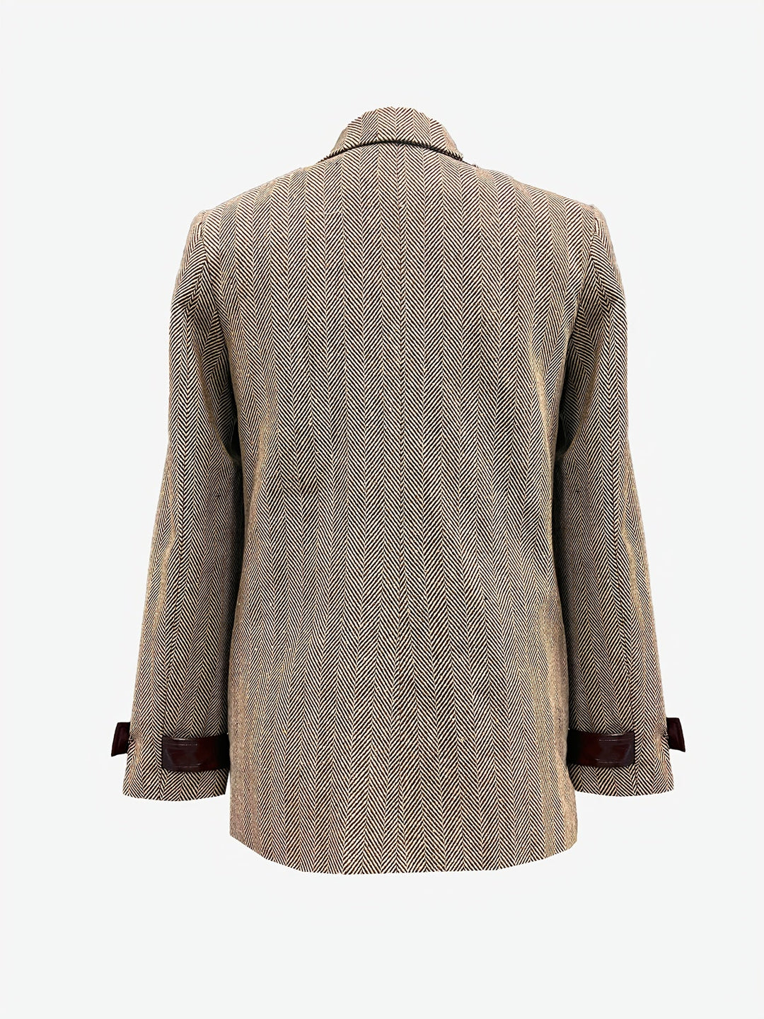 Elegant Khaki Herringbone Tweed Blazer for Women with Lapel Collar Long Sleeve Leather Trim Gold Button Style
