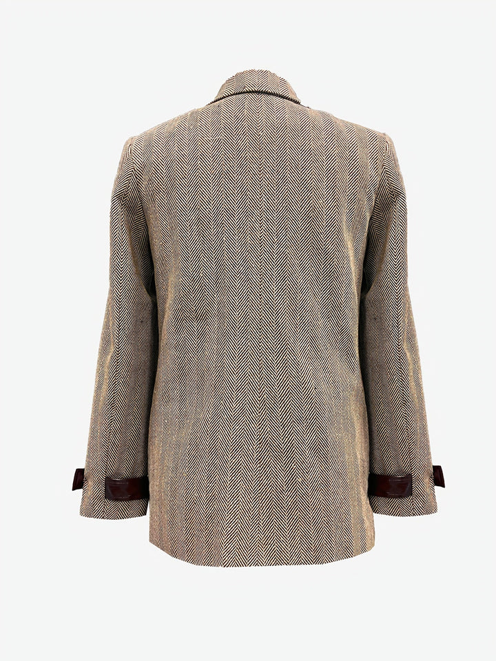 Elegant Khaki Herringbone Tweed Blazer for Women with Lapel Collar Long Sleeve Leather Trim Gold Button Style