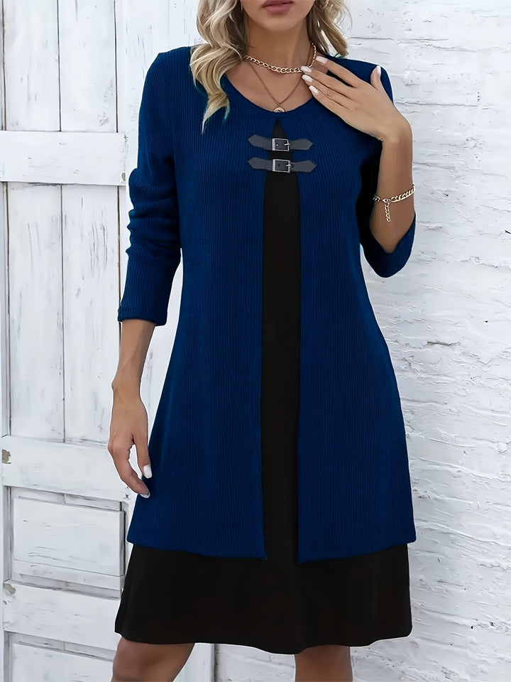 Comfortable Ribbed Knit Sweater Dress for Women with Round Neck Long Sleeve Buckle Detail Layered Style