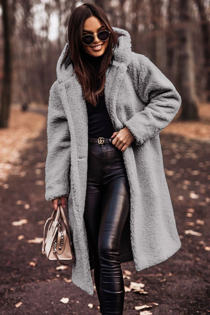 Effortless Shearling Coat for Women with Hooded Collar Long Sleeve Oversized Longline Style
