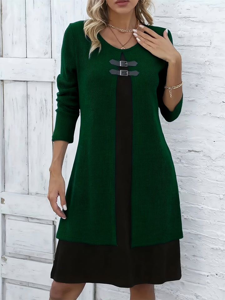 Comfortable Ribbed Knit Sweater Dress for Women with Round Neck Long Sleeve Buckle Detail Layered Style