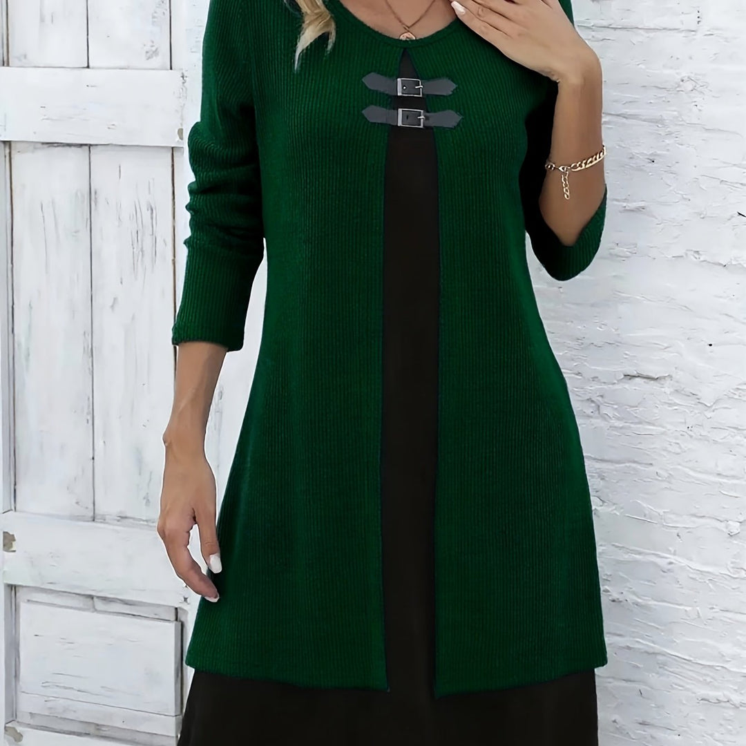 Comfortable Ribbed Knit Sweater Dress for Women with Round Neck Long Sleeve Buckle Detail Layered Style