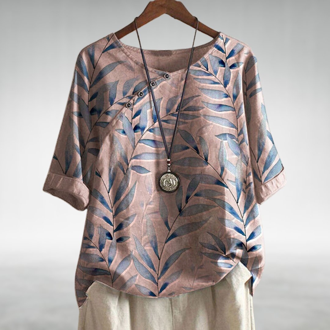 Effortless Botanical Print Linen Blouse for Women with Round Neck Elbow Sleeve Button Placket Relaxed Style