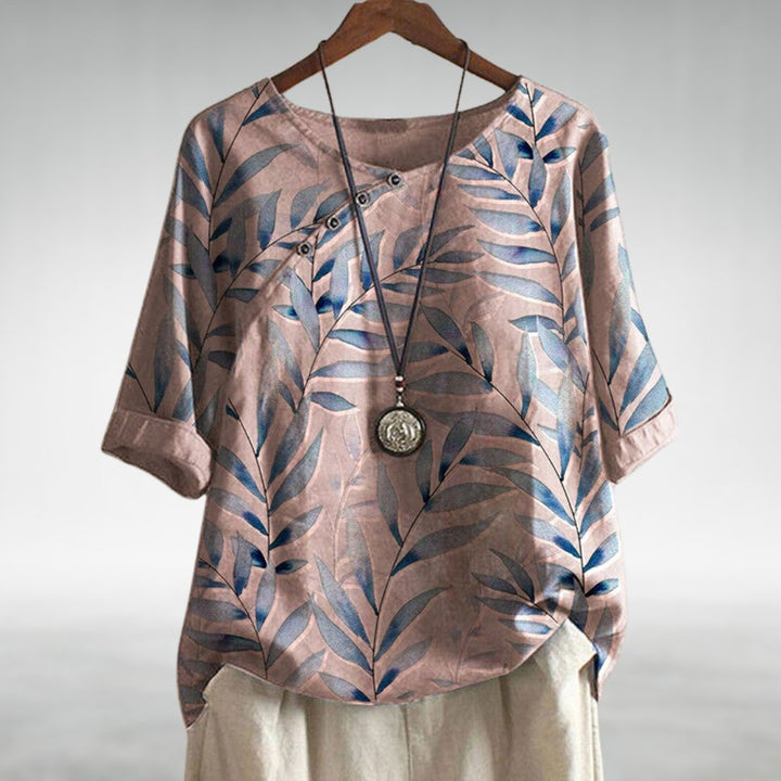 Effortless Botanical Print Linen Blouse for Women with Round Neck Elbow Sleeve Button Placket Relaxed Style