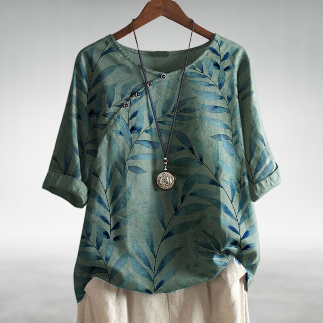 Effortless Botanical Print Linen Blouse for Women with Round Neck Elbow Sleeve Button Placket Relaxed Style