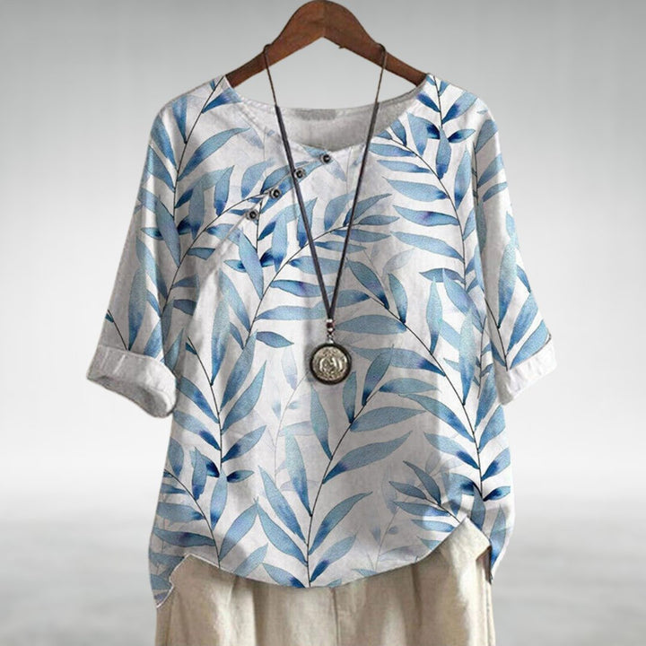 Effortless Botanical Print Linen Blouse for Women with Round Neck Elbow Sleeve Button Placket Relaxed Style