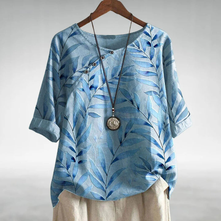 Effortless Botanical Print Linen Blouse for Women with Round Neck Elbow Sleeve Button Placket Relaxed Style