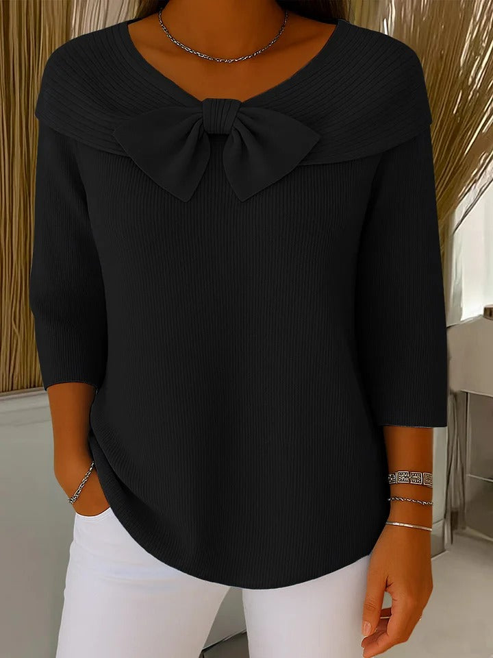 Effortless Ribbed Knit Sweater for Women with V Neck Elbow Sleeve Bow Tie Foldover Collar Relaxed Style