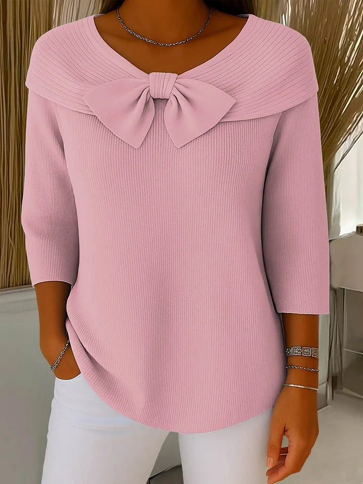 Effortless Ribbed Knit Sweater for Women with V Neck Elbow Sleeve Bow Tie Foldover Collar Relaxed Style