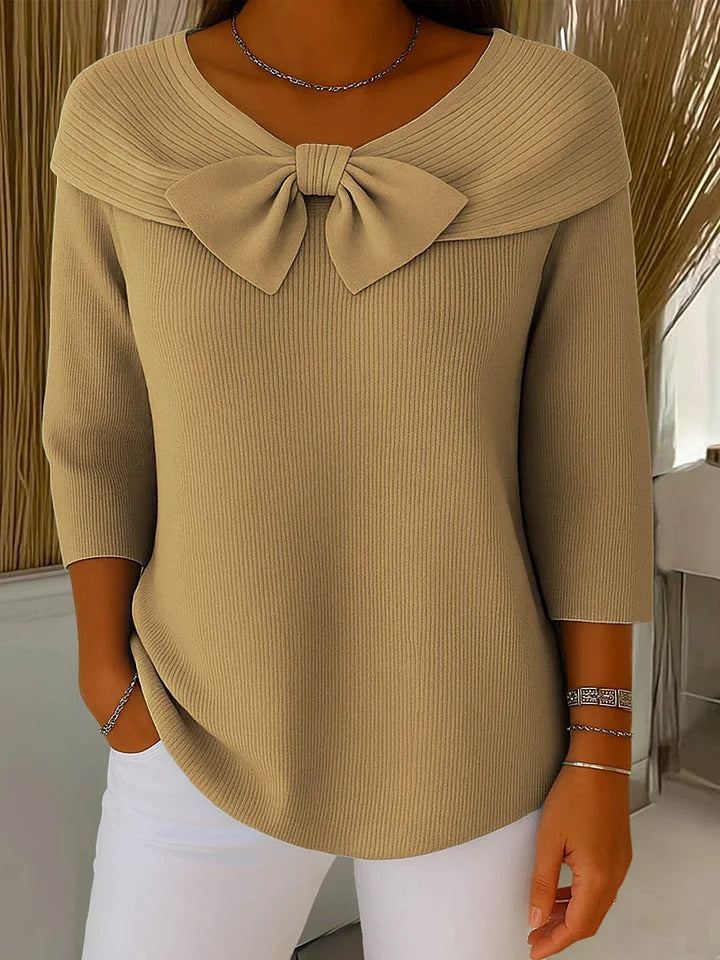 Effortless Ribbed Knit Sweater for Women with V Neck Elbow Sleeve Bow Tie Foldover Collar Relaxed Style