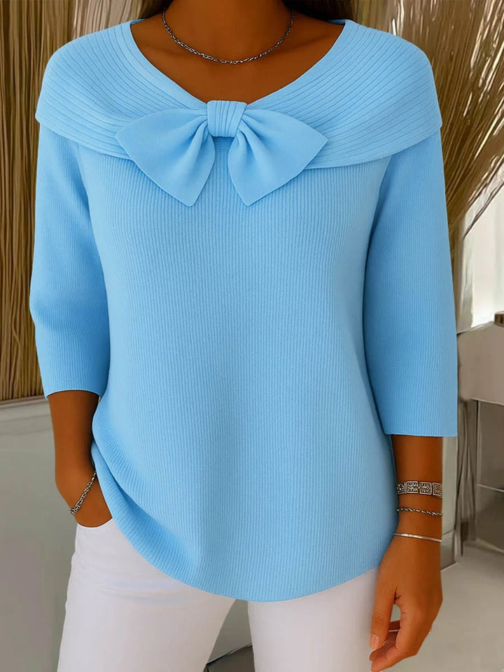 Effortless Ribbed Knit Sweater for Women with V Neck Elbow Sleeve Bow Tie Foldover Collar Relaxed Style