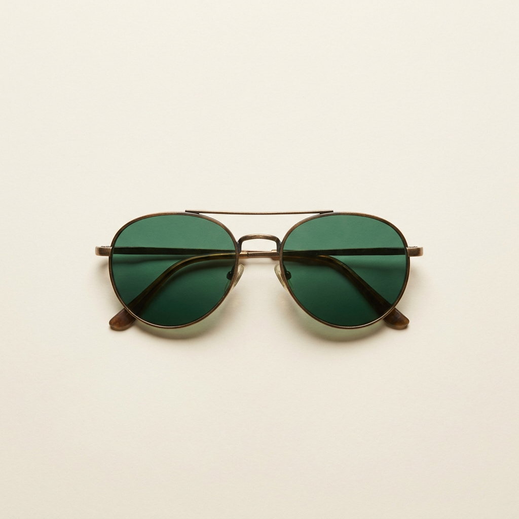 Ines retro aviator sunglasses in antique bronze with green lenses, against a cream studio backdrop