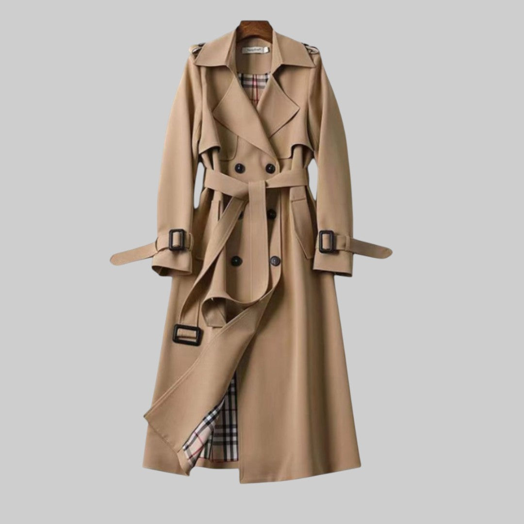 Elegant Trench Coat for Women with Notch Lapel Long Sleeve Double Breasted Belted Flowing Style