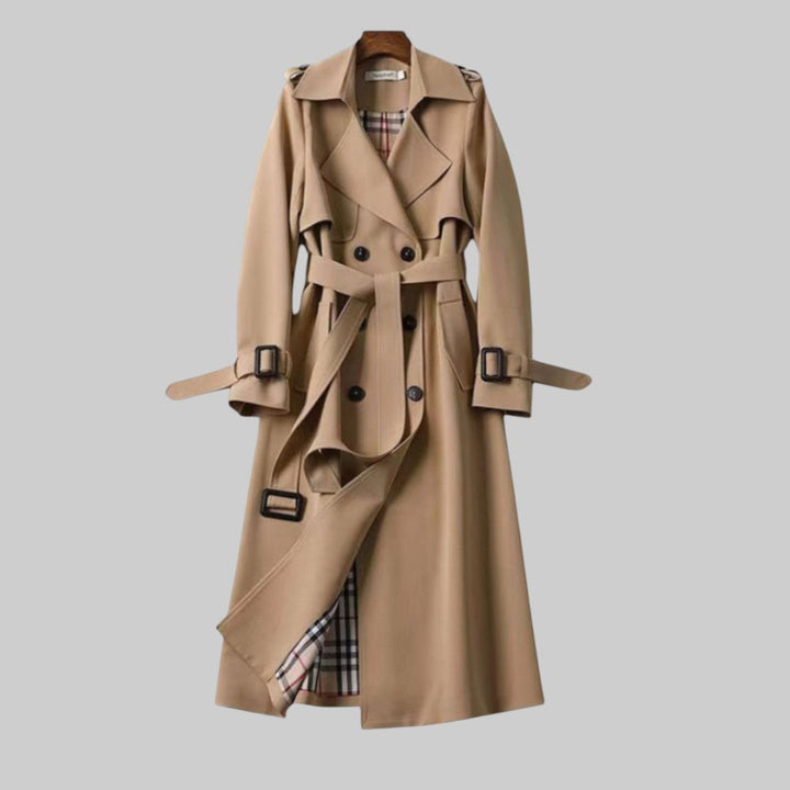 Elegant Trench Coat for Women with Notch Lapel Long Sleeve Double Breasted Belted Flowing Style