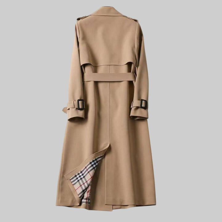 Elegant Trench Coat for Women with Notch Lapel Long Sleeve Double Breasted Belted Flowing Style
