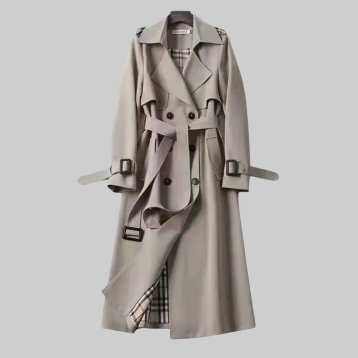 Elegant Trench Coat for Women with Notch Lapel Long Sleeve Double Breasted Belted Flowing Style