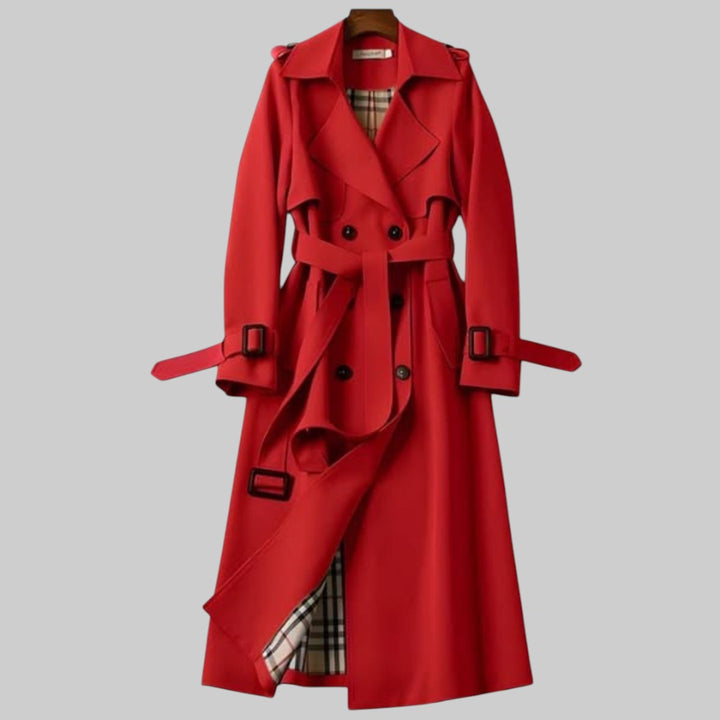 Elegant Trench Coat for Women with Notch Lapel Long Sleeve Double Breasted Belted Flowing Style