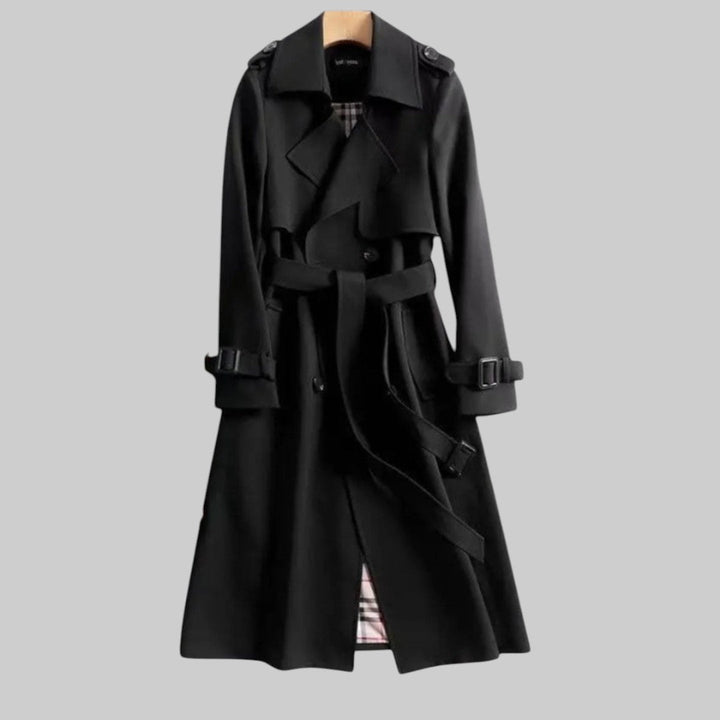 Elegant Trench Coat for Women with Notch Lapel Long Sleeve Double Breasted Belted Flowing Style
