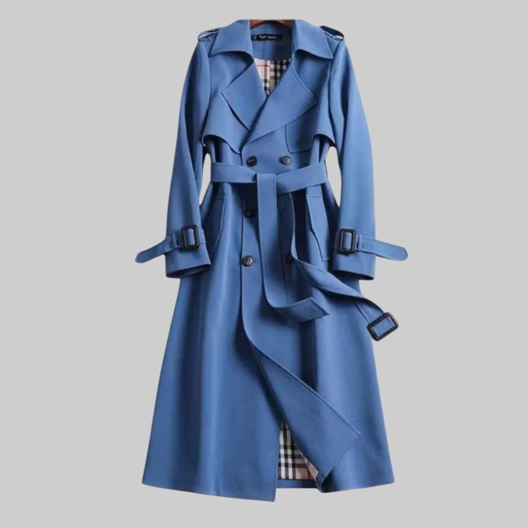 Elegant Trench Coat for Women with Notch Lapel Long Sleeve Double Breasted Belted Flowing Style