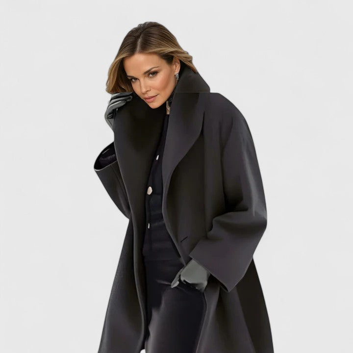 Elegant Wool Coat for Women with Shawl Collar Long Sleeve Oversized Midi Length Style