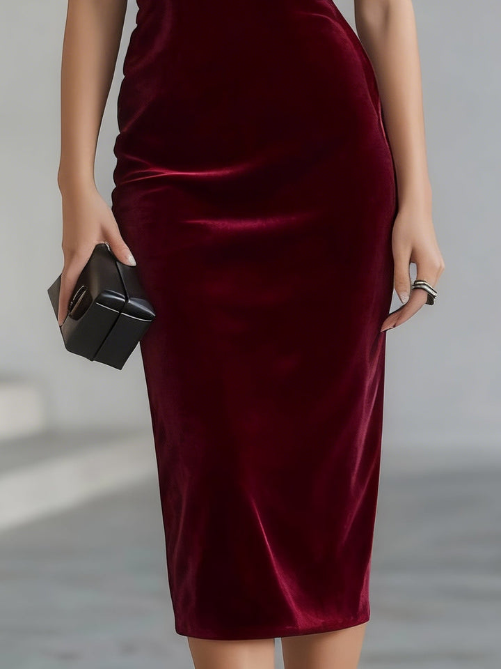 Elegant Burgundy Velvet Midi Dress for Women with Illusion Neck Bow Detail Bodycon Cocktail Style