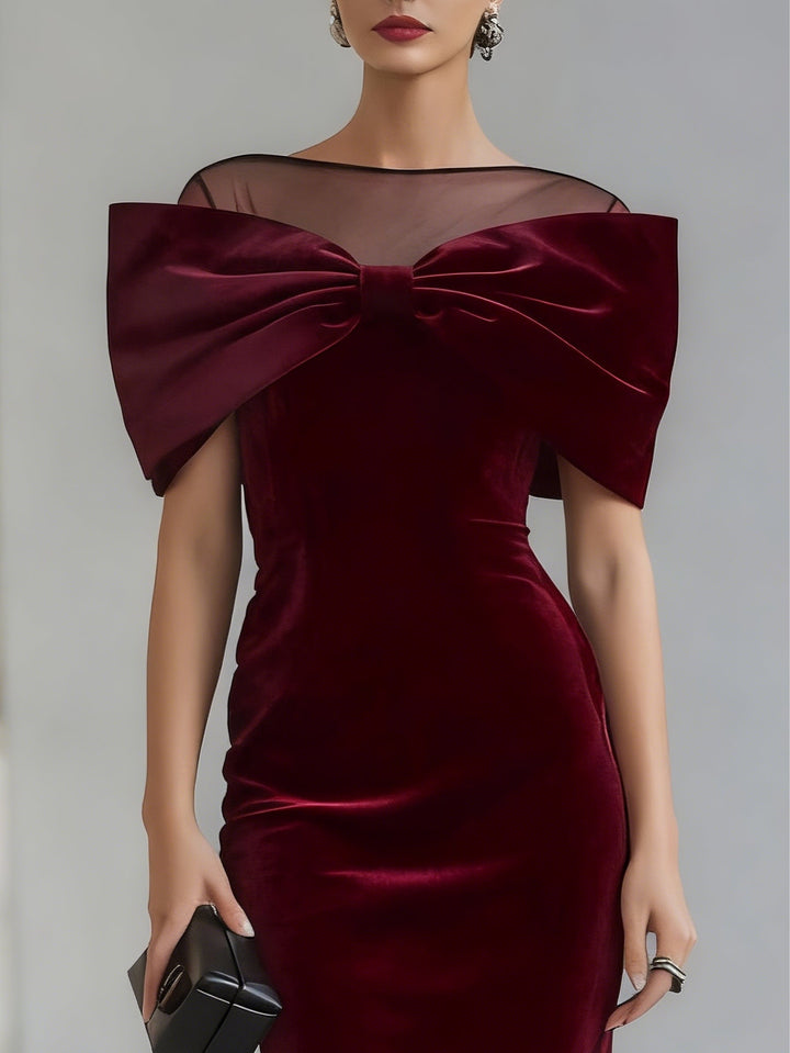 Elegant Burgundy Velvet Midi Dress for Women with Illusion Neck Bow Detail Bodycon Cocktail Style