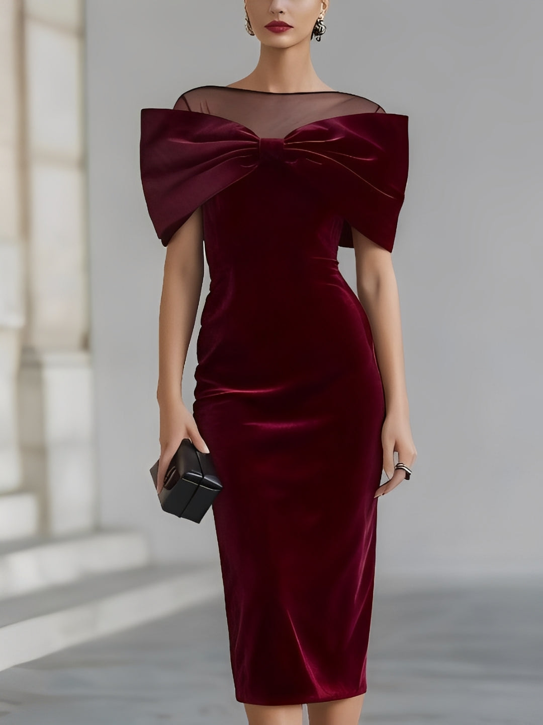 Elegant Burgundy Velvet Midi Dress for Women with Illusion Neck Bow Detail Bodycon Cocktail Style