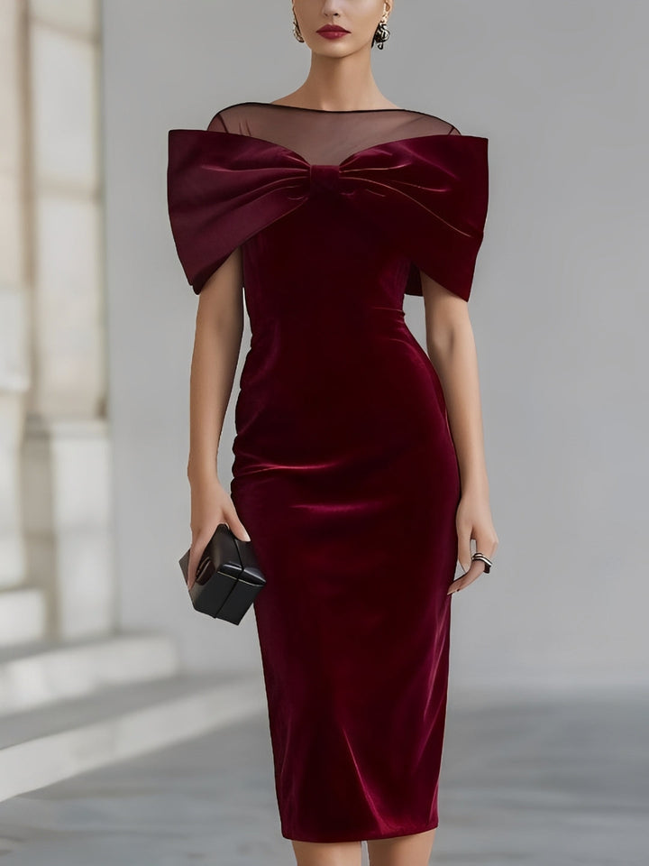 Elegant Burgundy Velvet Midi Dress for Women with Illusion Neck Bow Detail Bodycon Cocktail Style
