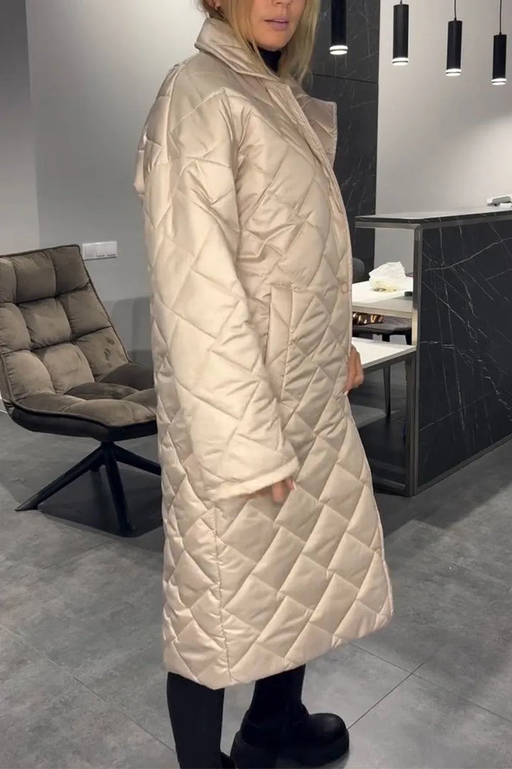 Elegant Quilted Coat for Women with Notch Collar Long Sleeve Leopard Trim Oversized Style