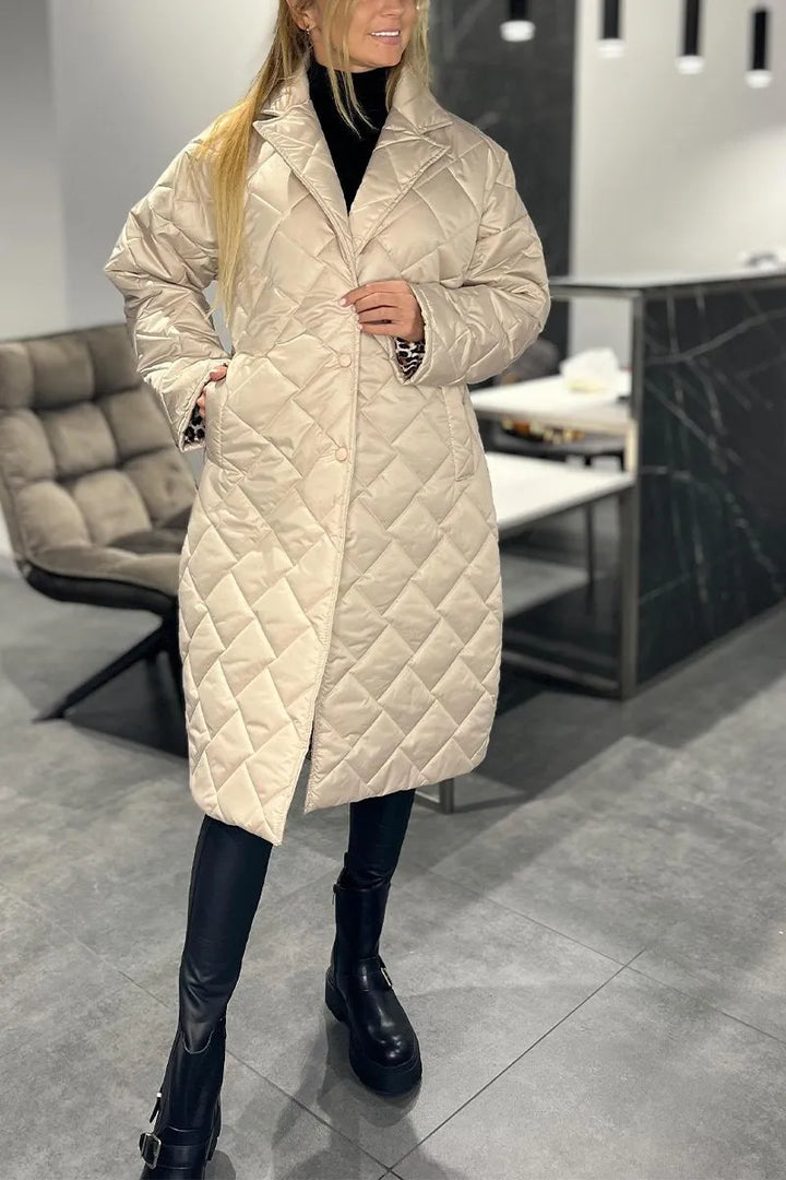 Elegant Quilted Coat for Women with Notch Collar Long Sleeve Leopard Trim Oversized Style