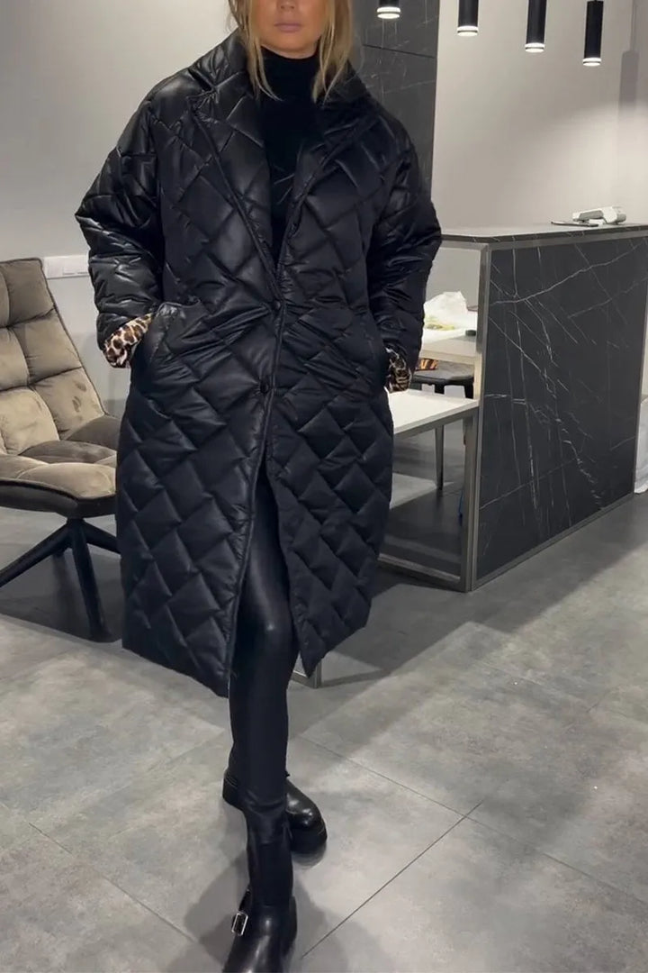 Elegant Quilted Coat for Women with Notch Collar Long Sleeve Leopard Trim Oversized Style