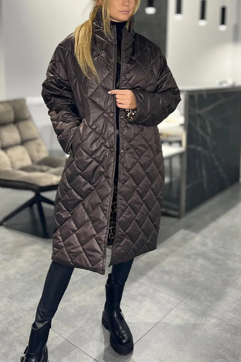 Elegant Quilted Coat for Women with Notch Collar Long Sleeve Leopard Trim Oversized Style