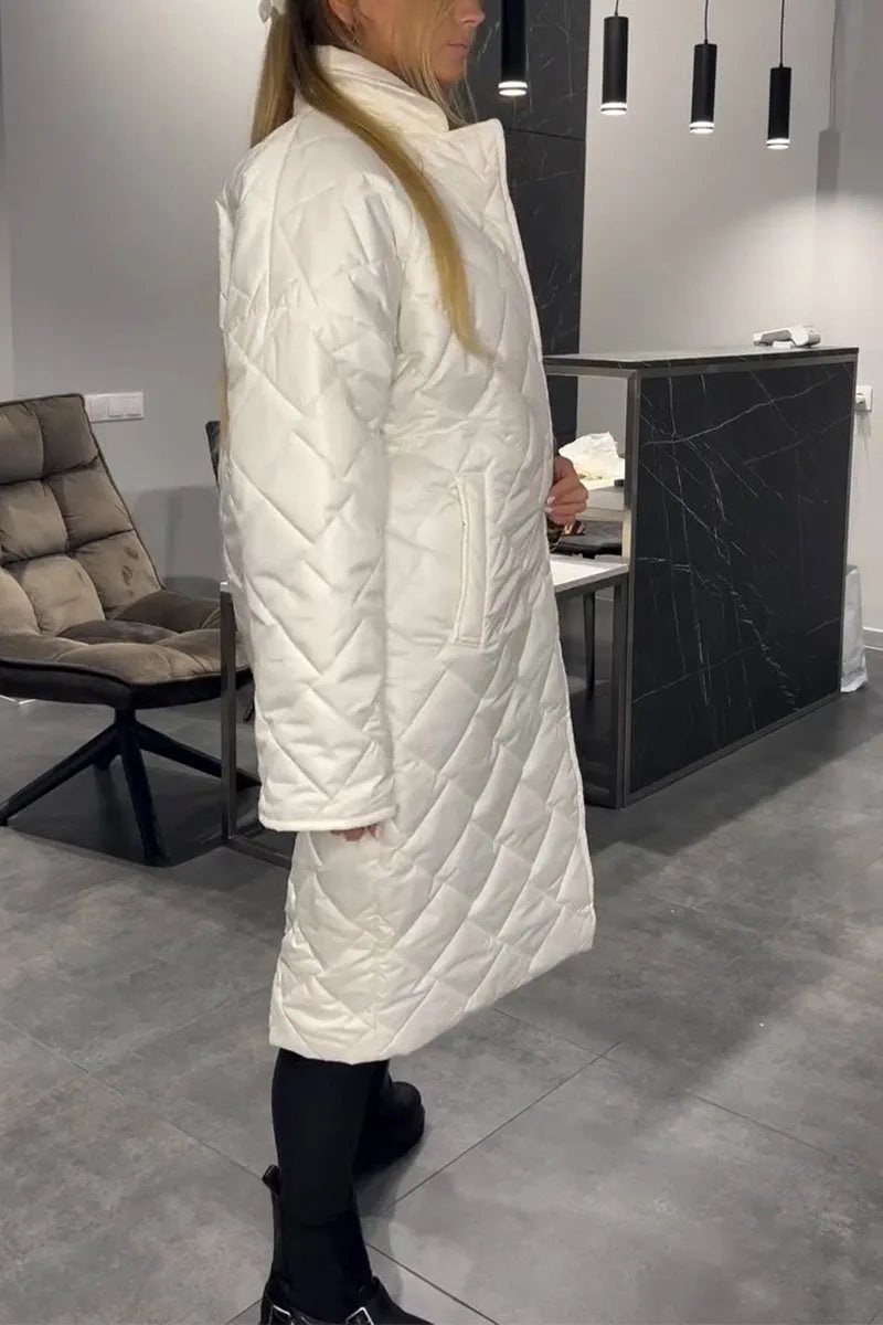 Elegant Quilted Coat for Women with Notch Collar Long Sleeve Leopard Trim Oversized Style