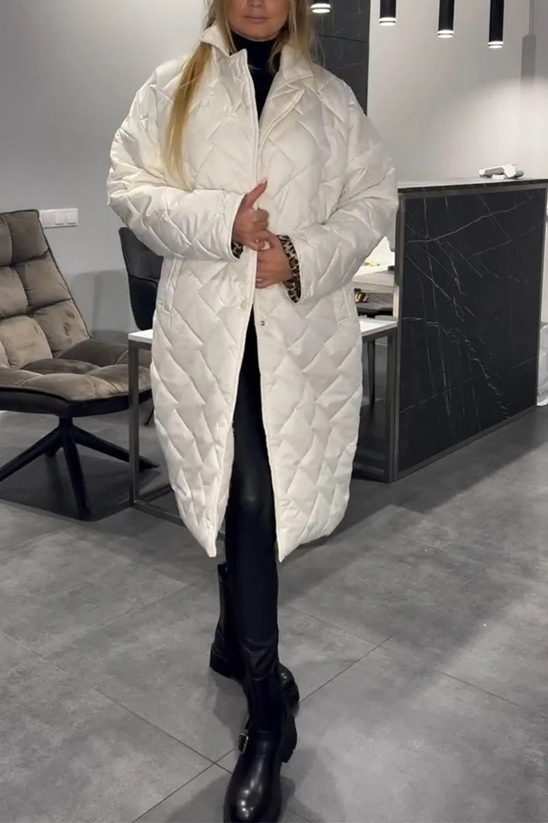 Elegant Quilted Coat for Women with Notch Collar Long Sleeve Leopard Trim Oversized Style