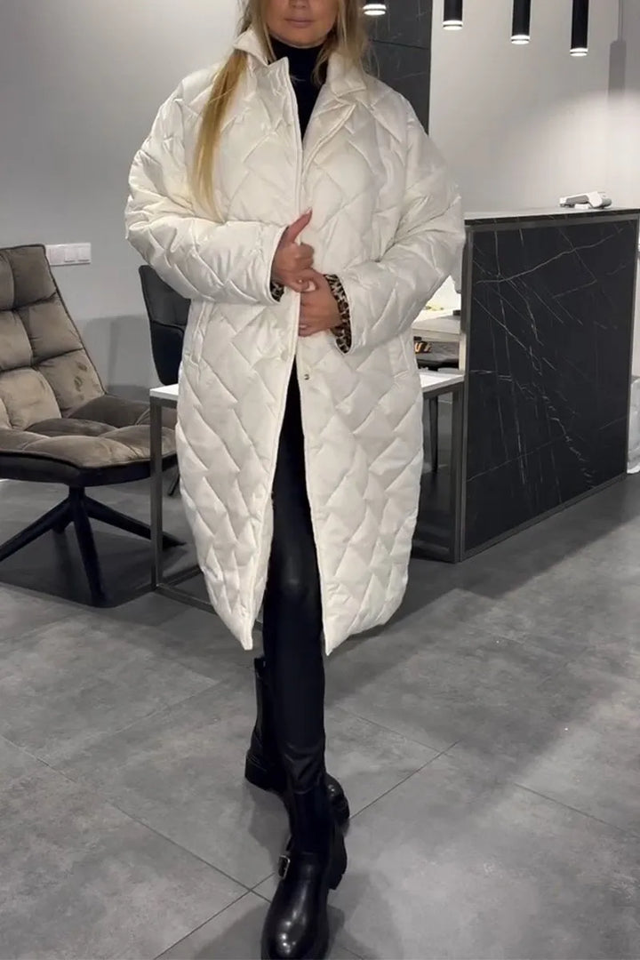 Elegant Quilted Coat for Women with Notch Collar Long Sleeve Leopard Trim Oversized Style