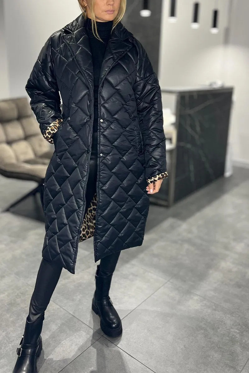 Elegant Quilted Coat for Women with Notch Collar Long Sleeve Leopard Trim Oversized Style