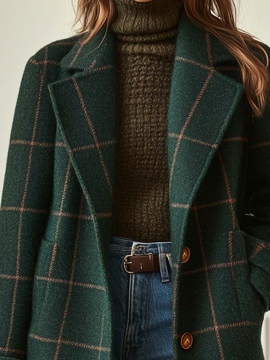 Elegant Dark Green Plaid Wool Coat for Women with Notched Lapel Long Sleeve Double Breasted Relaxed Style