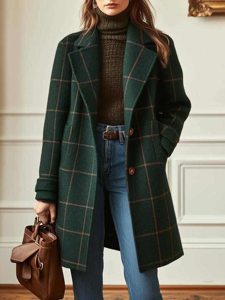 Elegant Dark Green Plaid Wool Coat for Women with Notched Lapel Long Sleeve Double Breasted Relaxed Style