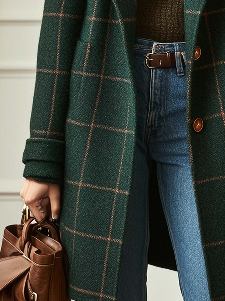 Elegant Dark Green Plaid Wool Coat for Women with Notched Lapel Long Sleeve Double Breasted Relaxed Style