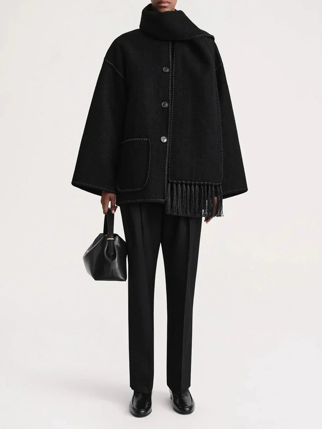 Elegant Wool Cape Jacket for Women with Scarf Collar Long Sleeve Whipstitch Fringe Oversized Style