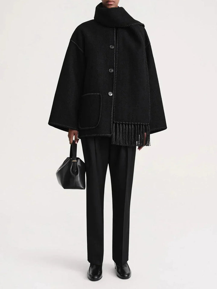 Elegant Wool Cape Jacket for Women with Scarf Collar Long Sleeve Whipstitch Fringe Oversized Style