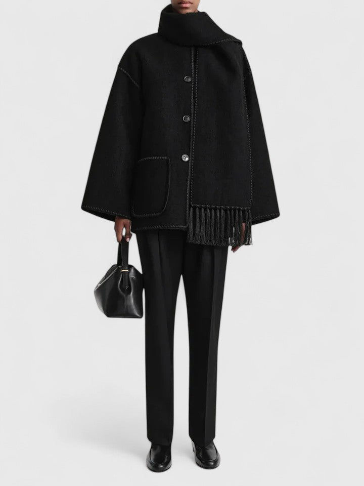 Elegant Wool Cape Jacket for Women with Scarf Collar Long Sleeve Whipstitch Fringe Oversized Style