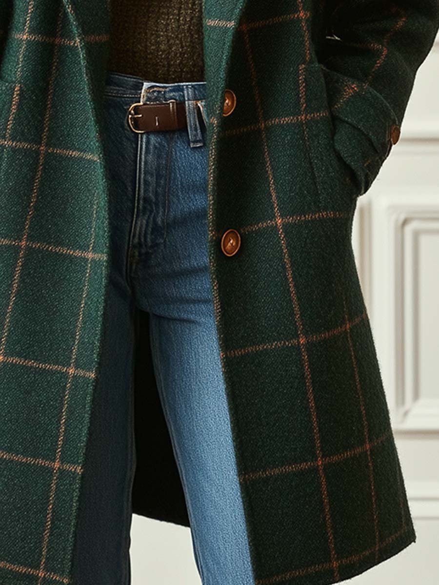 Elegant Dark Green Plaid Wool Coat for Women with Notched Lapel Long Sleeve Double Breasted Relaxed Style