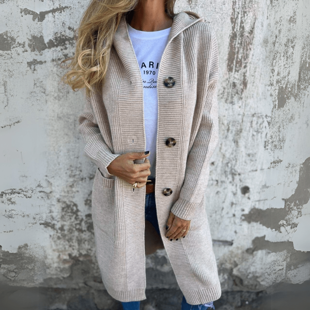 Comfortable Hooded Cardigan Sweater for Women with Button Front Long Sleeve Relaxed Ribbed Knit Style