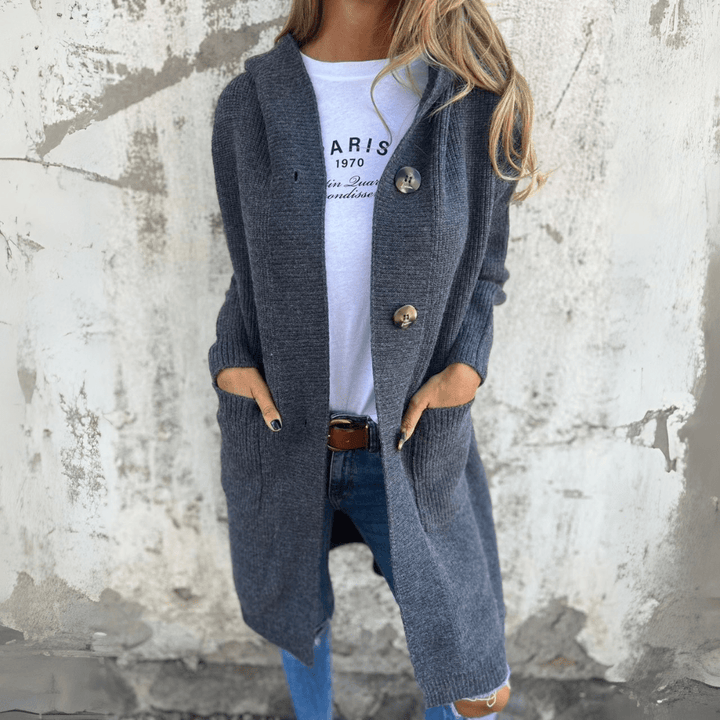 Comfortable Hooded Cardigan Sweater for Women with Button Front Long Sleeve Relaxed Ribbed Knit Style