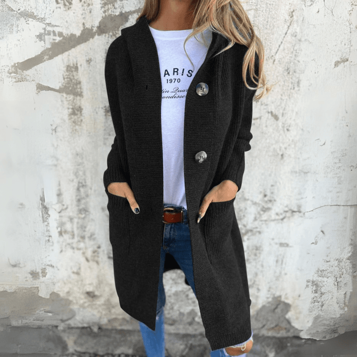 Comfortable Hooded Cardigan Sweater for Women with Button Front Long Sleeve Relaxed Ribbed Knit Style