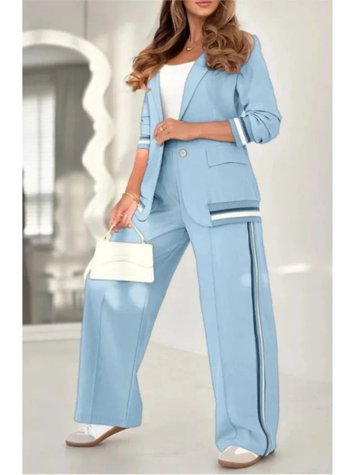 Elegant Striped Two Piece Set for Women with Notch Lapel Blazer Wide Leg Pant Formal Style