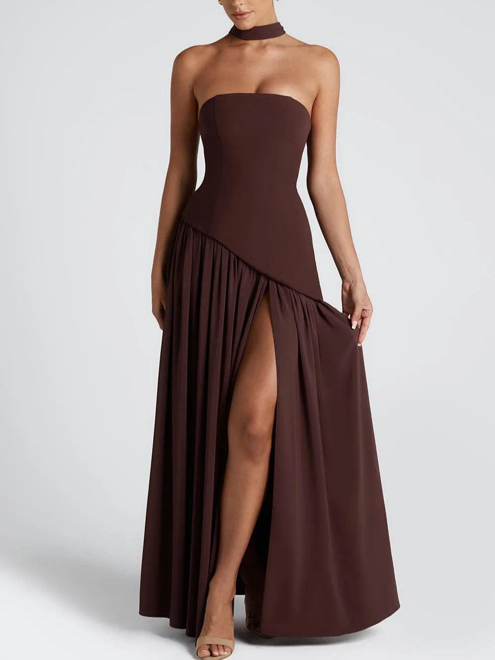 Elegant Satin Maxi Dress for Women with Strapless Scarf Drape High Slit Flowing Formal Wedding Guest Style