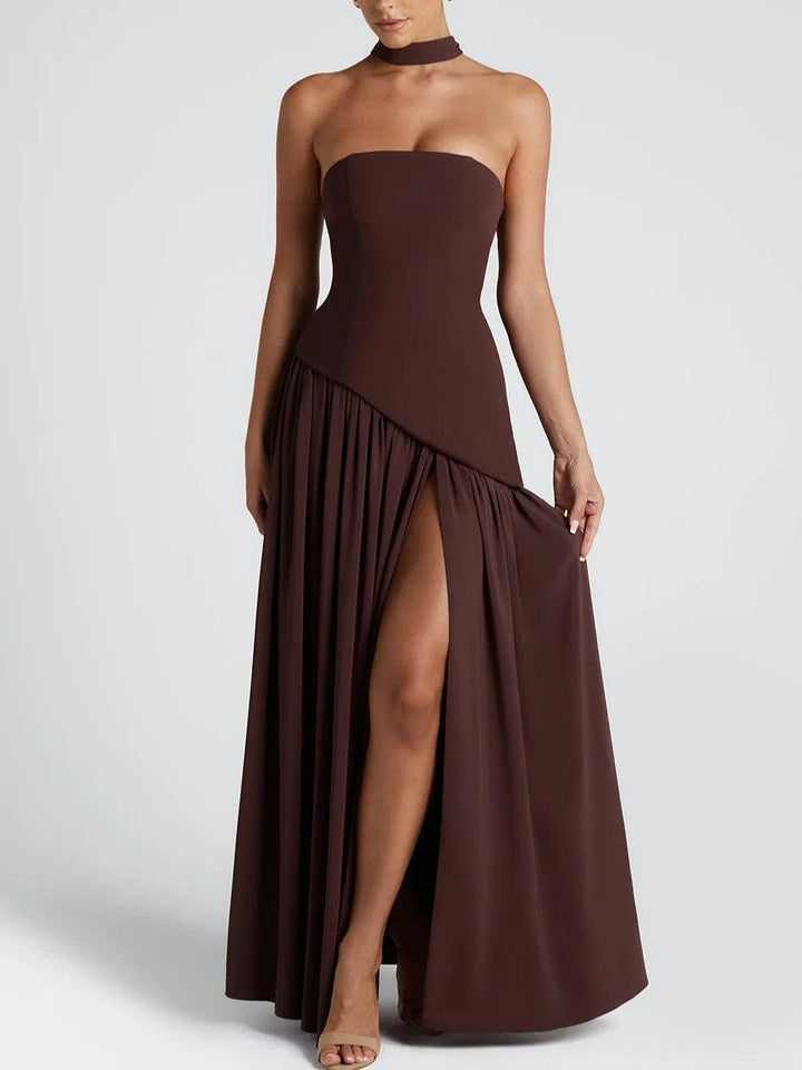 Elegant Satin Maxi Dress for Women with Strapless Scarf Drape High Slit Flowing Formal Wedding Guest Style