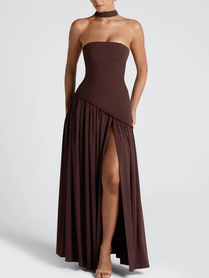 Elegant Satin Maxi Dress for Women with Strapless Scarf Drape High Slit Flowing Formal Wedding Guest Style